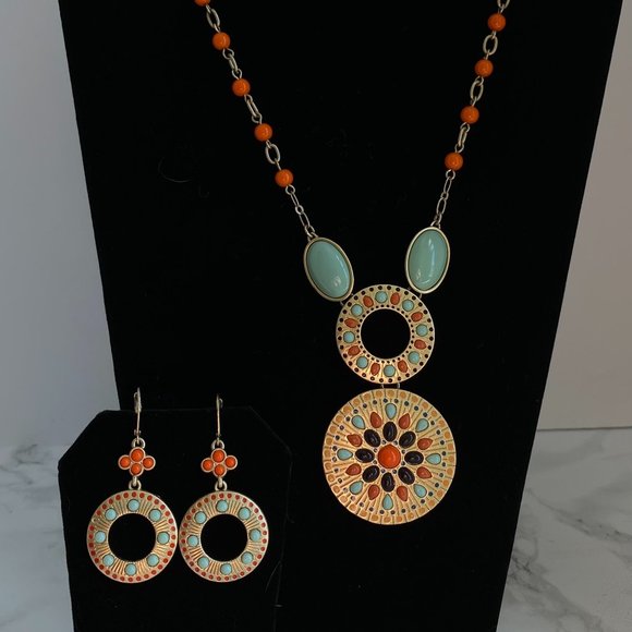NECKLACE & EARRING SET Gold Toned Orange & Blue Stones 20" - Picture 2 of 7